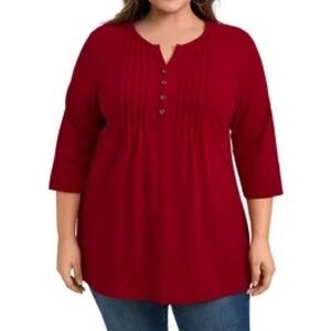 Croft & Barrow red 3/4 sleeve pleated button-front tunic top